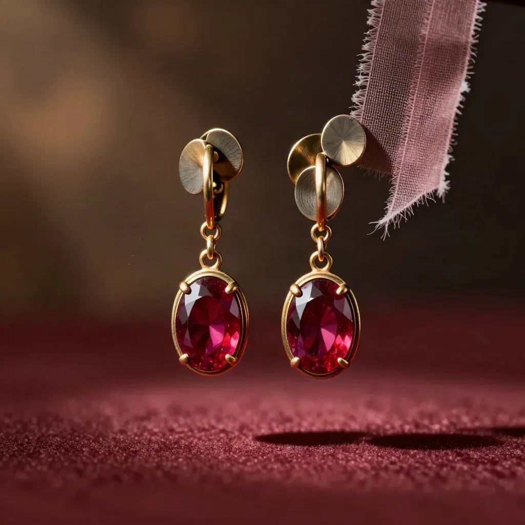 Oval ruby drop earrings suspended with gold circles and gauze on a dark luxe backdrop.