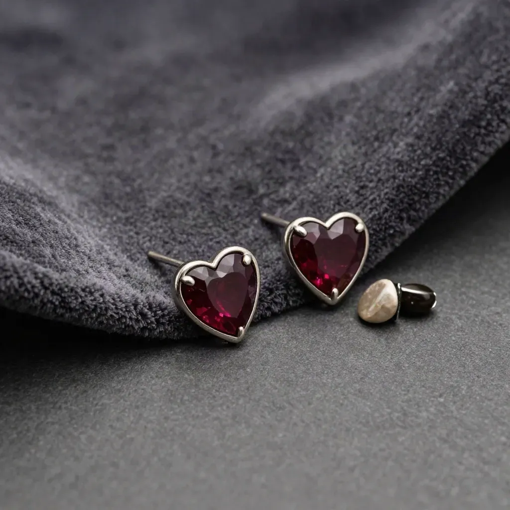 Macro of ruby heart stud earrings tucked into charcoal velvet beside a polished stone.