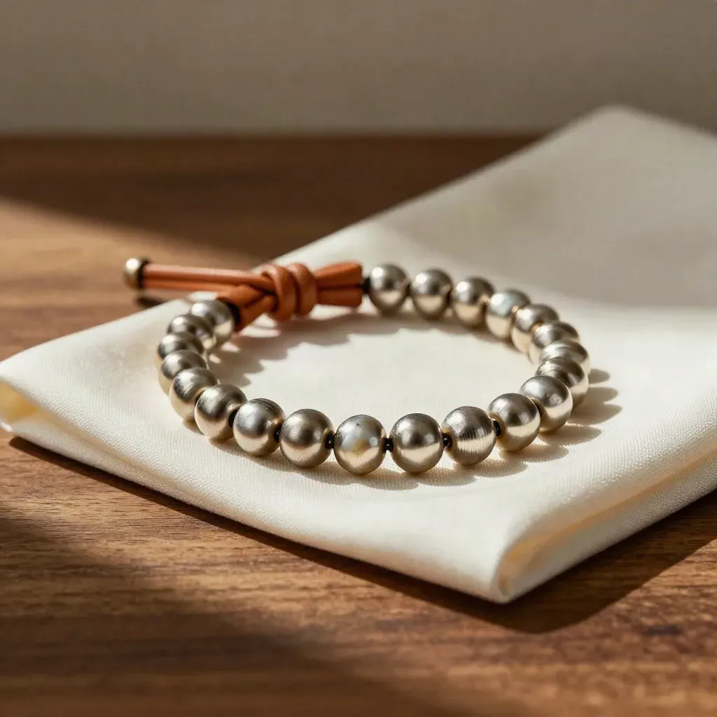 Bolo Stack Bracelet on folded ivory silk with a leather knot and polished pebble.